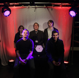 Rose Bruford students (l to r) Sarah Hovind, Andy Lee, Lecturer Ben Ratcliffe, Karl Aldred and George Hunt with the GLP impression 90 LED heads.